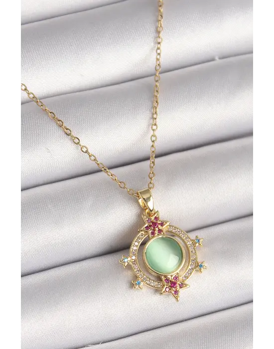  Altın  Zincir Yeşil Sedefli Zirkon Taşlı Yıldız Detay  Çelik Kolye