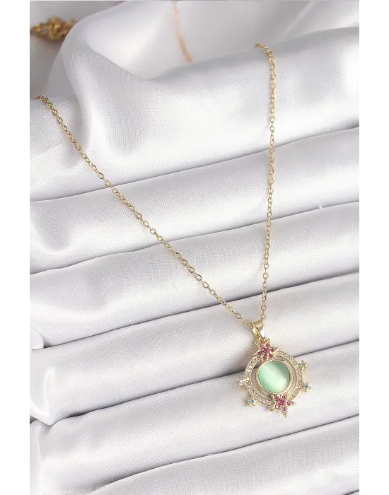  Altın  Zincir Yeşil Sedefli Zirkon Taşlı Yıldız Detay  Çelik Kolye