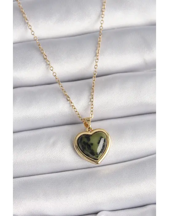  Altın  Zincir Yeşil Yağ Yeşili Kalp Model  Çelik Kolye