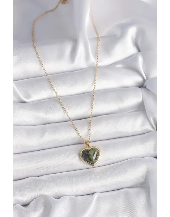  Altın  Zincir Yeşil Yağ Yeşili Kalp Model  Çelik Kolye