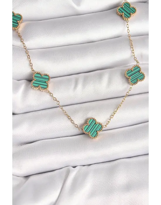 316L Çelik Gold Renk Zincir Yeşil Yonca Model Kadın Kolye