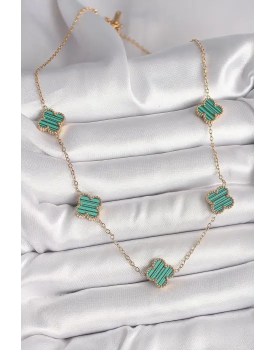 316L Çelik Gold Renk Zincir Yeşil Yonca Model Kadın Kolye