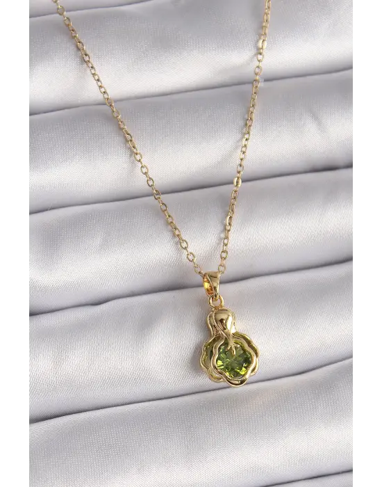  Altın  Zincir Yeşil Zirkon Taşlı Vintage Model  Çelik Kolye
