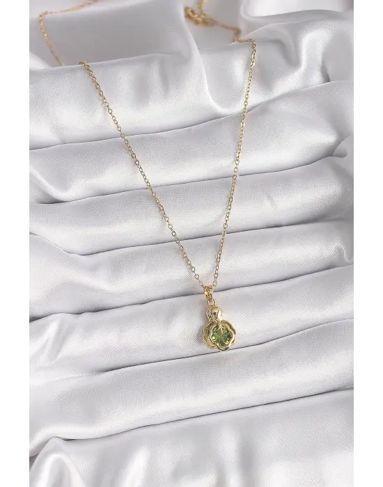  Altın  Zincir Yeşil Zirkon Taşlı Vintage Model  Çelik Kolye