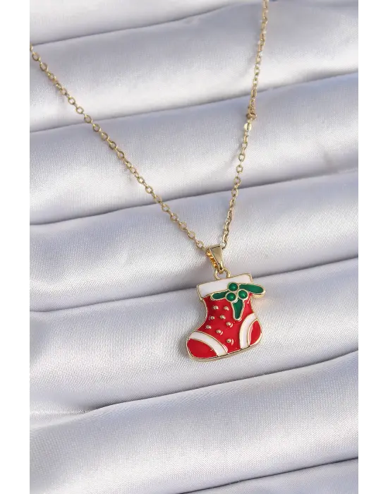  Altın  Zincir Yılbaşı Temalı Kırmızı Noel Çorabı Figür  Çelik Kolye