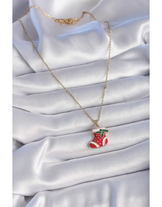  Altın  Zincir Yılbaşı Temalı Kırmızı Noel Çorabı Figür  Çelik Kolye