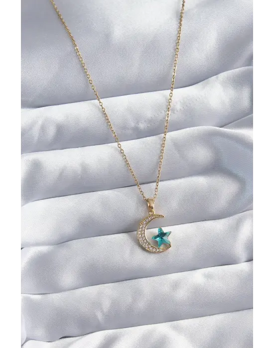  Altın  Zincir Zirkon Taş Detay Hilal Yıldızı Figür  Çelik Kolye