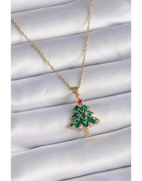  Altın  Zincir Zirkon Taş Detay Yılbaşı Temalı Yeşil Çam Ağacı Figür  Çelik Kolye
