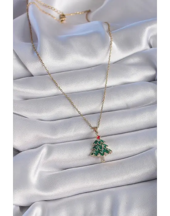  Altın  Zincir Zirkon Taş Detay Yılbaşı Temalı Yeşil Çam Ağacı Figür  Çelik Kolye