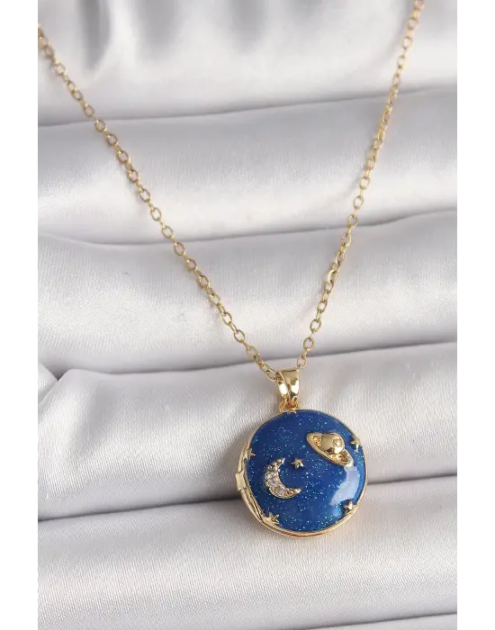  Altın  Zincir Zirkon Taş Detaylı Açılır Galaksi Model  Çelik Kolye