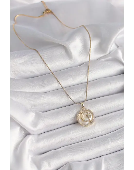  Altın  Zincir Zirkon Taş Detaylı Beyaz Sedefli Ay Yıldız Model  Çelik Kolye