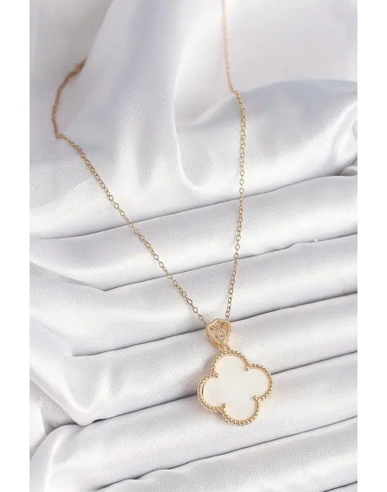 316L Çelik Gold Renk Zincir Zirkon Taş Detaylı Beyaza Yonca Model Kadın Kolye