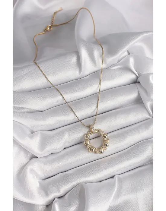  Altın  Zincir Zirkon Taş Detaylı Bombeli Halka Model  Çelik Kolye