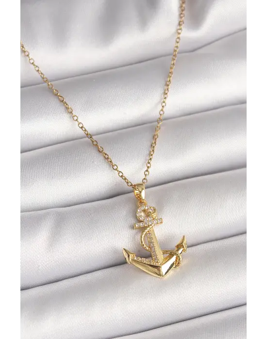 316L Çelik Gold Renk Zincir Zirkon Taş Detaylı Çapa Model Kadın Kolye