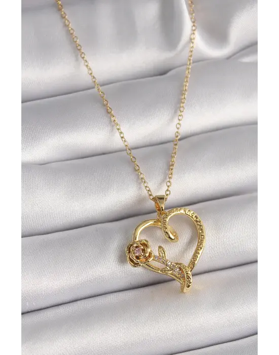  Altın  Zincir Zirkon Taş Detaylı Kalp Figür Gül Detay  Çelik Kolye