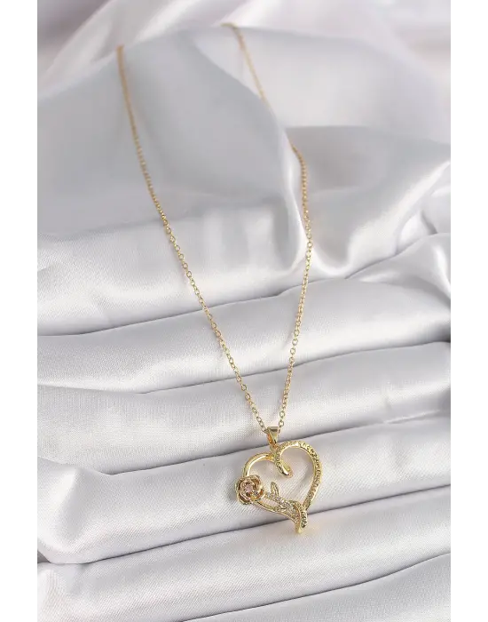  Altın  Zincir Zirkon Taş Detaylı Kalp Figür Gül Detay  Çelik Kolye
