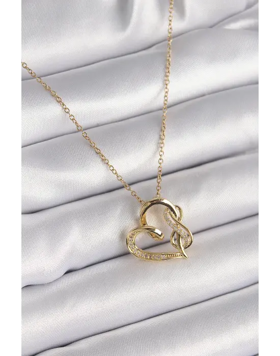  Altın  Zincir Zirkon Taş Detaylı Kalp Model Sonsuzluk Detay  Çelik Kolye