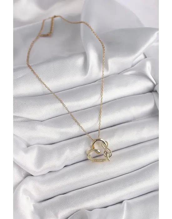  Altın  Zincir Zirkon Taş Detaylı Kalp Model Sonsuzluk Detay  Çelik Kolye