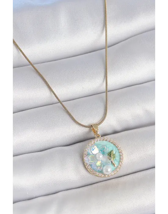 316L Çelik Gold Renk Zincir Zirkon Taş Detaylı Mavi Mineli Çiçek İşlemeli İnci Detay Kadın Kolye