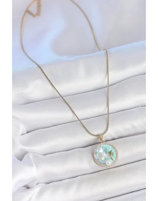 316L Çelik Gold Renk Zincir Zirkon Taş Detaylı Mavi Mineli Çiçek İşlemeli İnci Detay Kadın Kolye