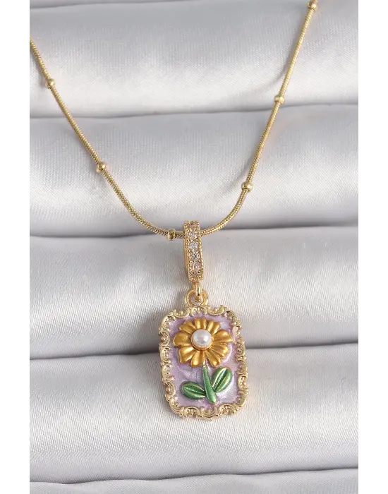  Altın  Zincir Zirkon Taş Detaylı Portre Çiçek Model  Çelik Kolye