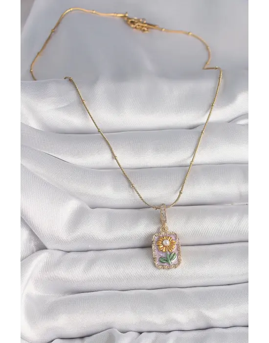  Altın  Zincir Zirkon Taş Detaylı Portre Çiçek Model  Çelik Kolye