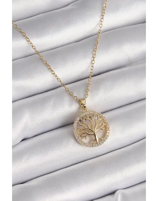  Altın  Zincir Zirkon Taş Detaylı Yaşam Ağacı Model  Çelik Kolye
