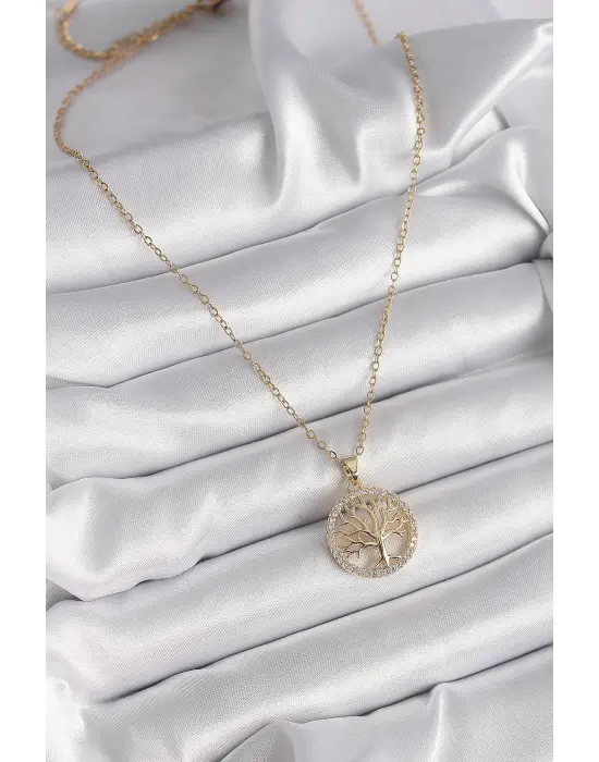  Altın  Zincir Zirkon Taş Detaylı Yaşam Ağacı Model  Çelik Kolye