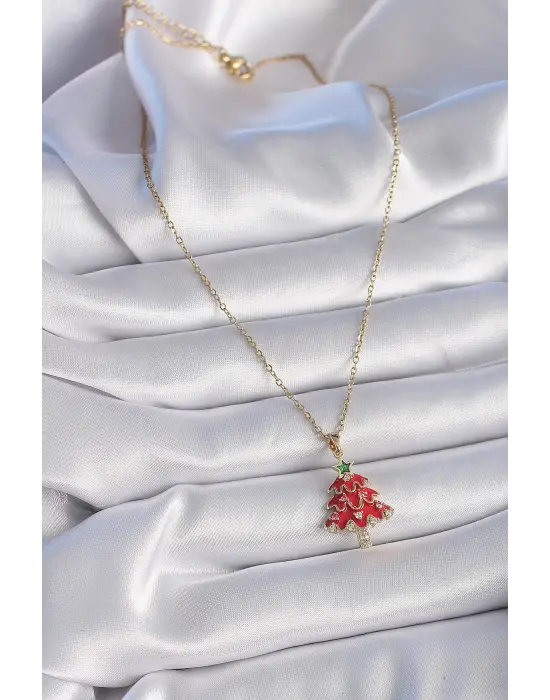  Altın  Zincir Zirkon Taş Detaylı Yılbaşı Temalı Kırmızı Çam Ağacı Figür  Çelik Kolye