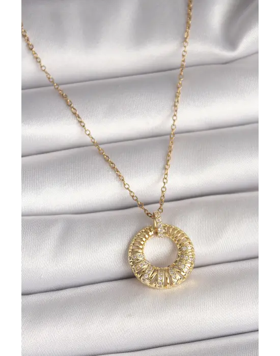 316L Çelik Gold Renk Zincir Zirkon Taş İşlemeli Daire Model Kadın Kolye