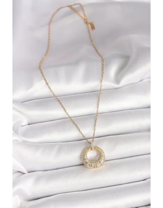 316L Çelik Gold Renk Zincir Zirkon Taş İşlemeli Daire Model Kadın Kolye