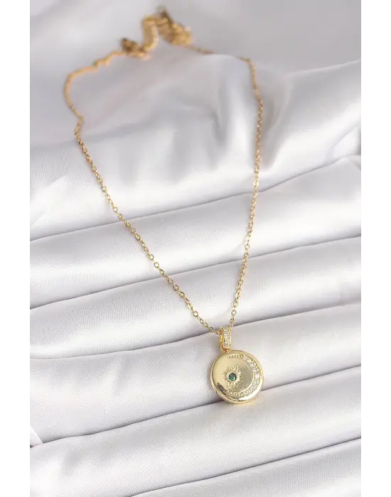 316L Çelik Gold Renk Zincir Zirkon Taş İşlemeli Hilal Yıldız İşlemeli Madalyon Model Kadın Kolye