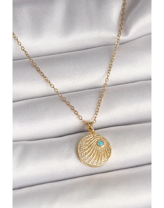 316L Çelik Gold Renk Zincir Zirkon Taş İşlemeli Mavi Taş Detaylı Madalyon Model Kadın Kolye