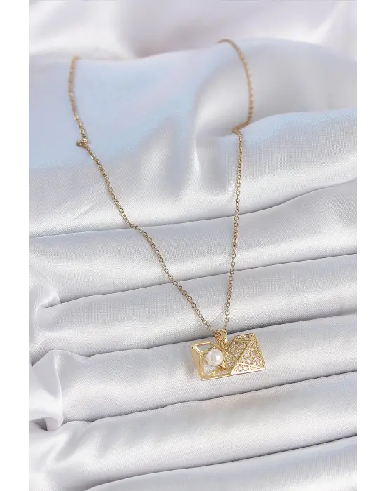 316L Çelik Gold Renk Zincir Zirkon Taşlı Açılır İncili Elmas Model Kadın Kolye