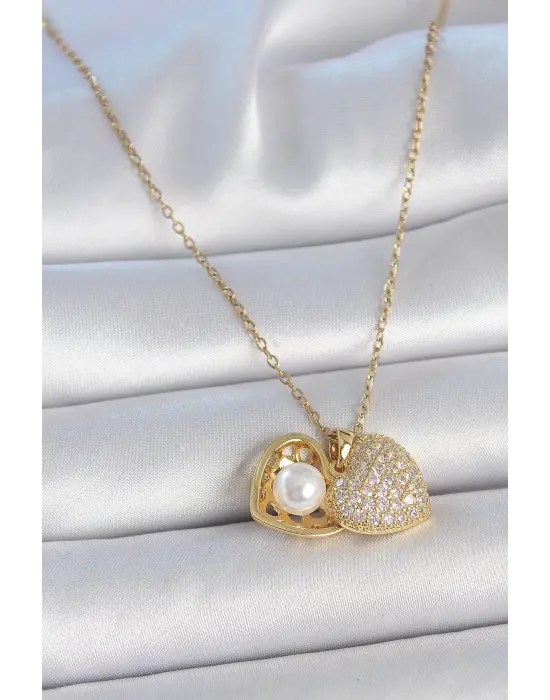 316L Çelik Gold Renk Zincir Zirkon Taşlı Açılır İncili Kalp Model Kadın Kolye