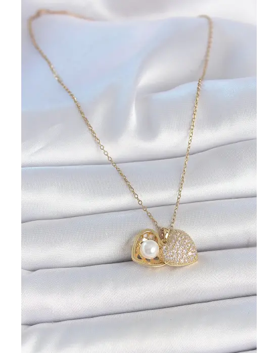 316L Çelik Gold Renk Zincir Zirkon Taşlı Açılır İncili Kalp Model Kadın Kolye