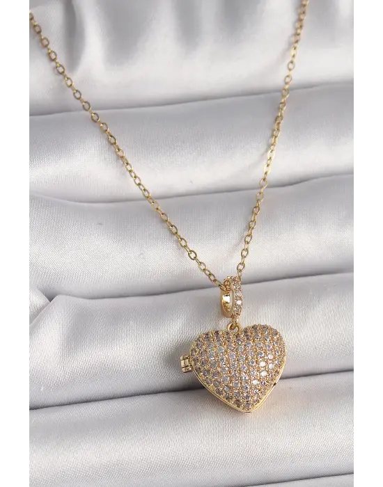  Altın  Zincir Zirkon Taşlı Açılır Kalp Model  Çelik Kolye
