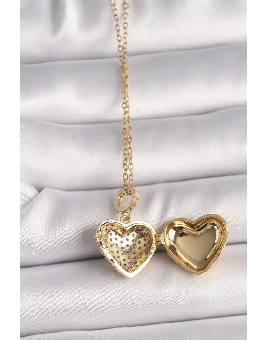  Altın  Zincir Zirkon Taşlı Açılır Kalp Model  Çelik Kolye