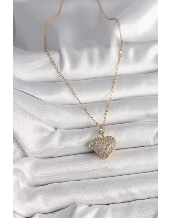  Altın  Zincir Zirkon Taşlı Açılır Kalp Model  Çelik Kolye