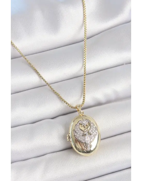 316L Çelik Gold Renk Zincir Zirkon Taşlı Anka Kuşu İşlemeli Açılır Model Kadın Kolye