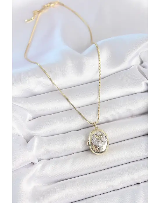 316L Çelik Gold Renk Zincir Zirkon Taşlı Anka Kuşu İşlemeli Açılır Model Kadın Kolye