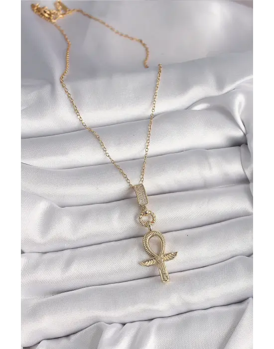  Altın  Zincir Zirkon Taşlı Ankh Model  Çelik Kolye