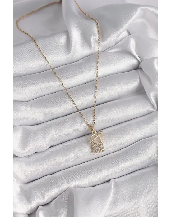  Altın  Zincir Zirkon Taşlı Asma Kilit Anahtar Model  Çelik Kolye