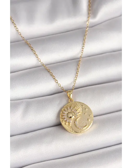 316L Çelik Gold Renk Zincir Zirkon Taşlı Ay Güneş İşlemeli Madalyon Model Kadın Kolye