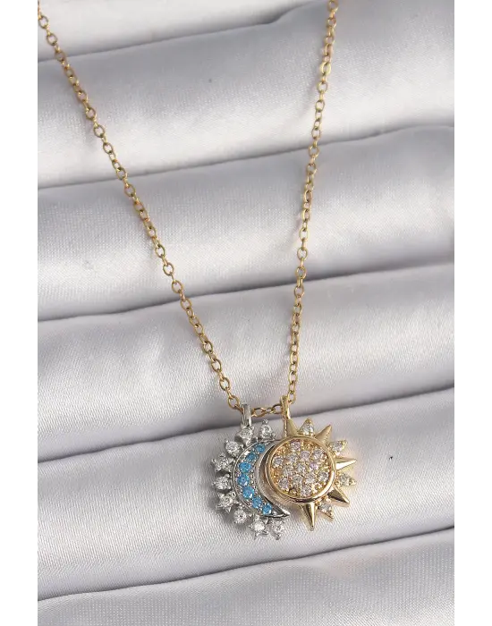  Altın  Zincir Zirkon Taşlı Ay Güneş Model  Charm Çelik Kolye
