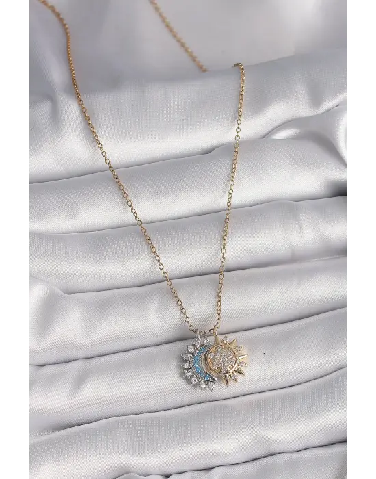 Altın  Zincir Zirkon Taşlı Ay Güneş Model  Charm Çelik Kolye