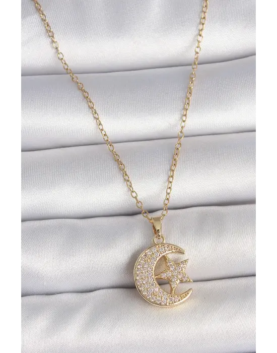 316L Çelik Gold Renk Zincir Zirkon Taşlı Ay Yıldız Model Kadın Kolye