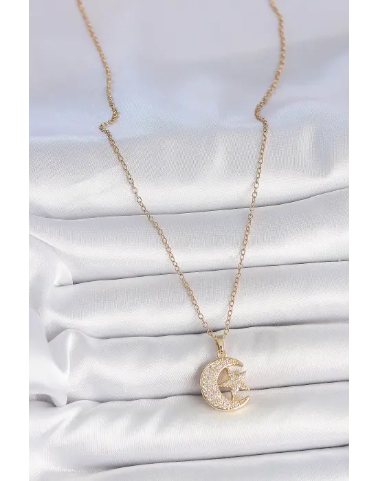316L Çelik Gold Renk Zincir Zirkon Taşlı Ay Yıldız Model Kadın Kolye