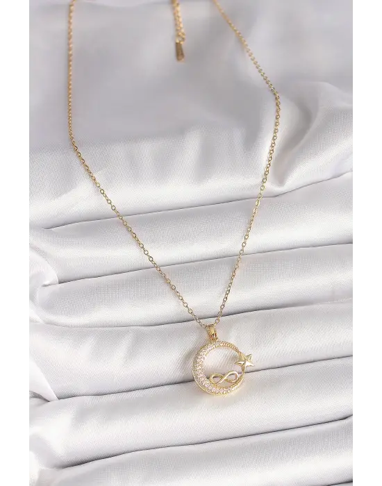 316L Çelik Gold Renk Zincir Zirkon Taşlı Ay Yıldız Model Sonsuzluk Detay Kadın Kolye