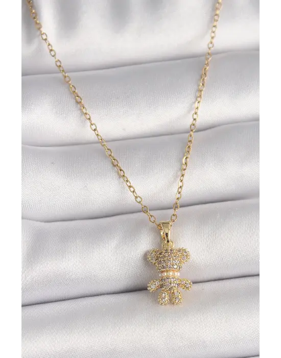  Altın  Zincir Zirkon Taşlı Ayıcık Figür  Çelik Kolye